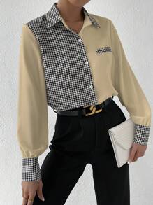 SHEIN Privé 女士拼接大腳紋長袖衣 - 杏色 - 查看 6