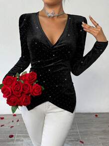 SHEIN Privé 女士聖誕節情人節派對滿幅碎鑽t卹 - 黑色 - 查看 6