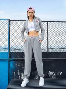 SHEIN Sports Women's Spring & Summer Hooded Drawstring Crop Top Hoodie And Sweatpants Sportswear Set Grey Teen Girls Setsretro Outfit For Women