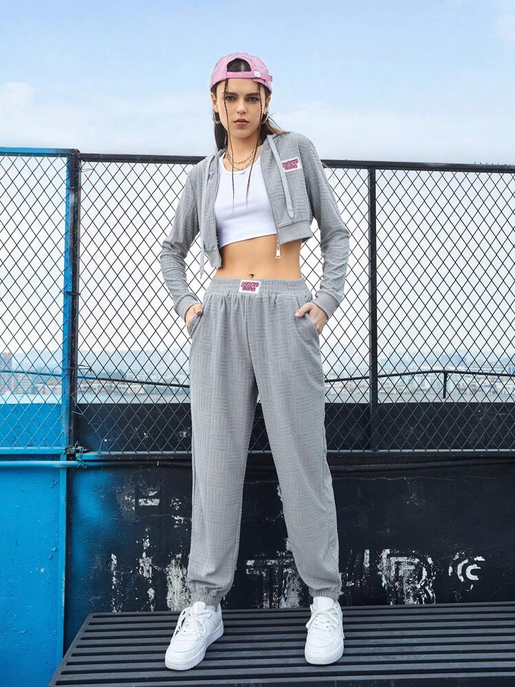 SHEIN Sports Women's Spring & Summer Hooded Drawstring Crop Top Hoodie And Sweatpants Sportswear Set Grey Teen Girls Setsretro Outfit For Women - Grey - View 3