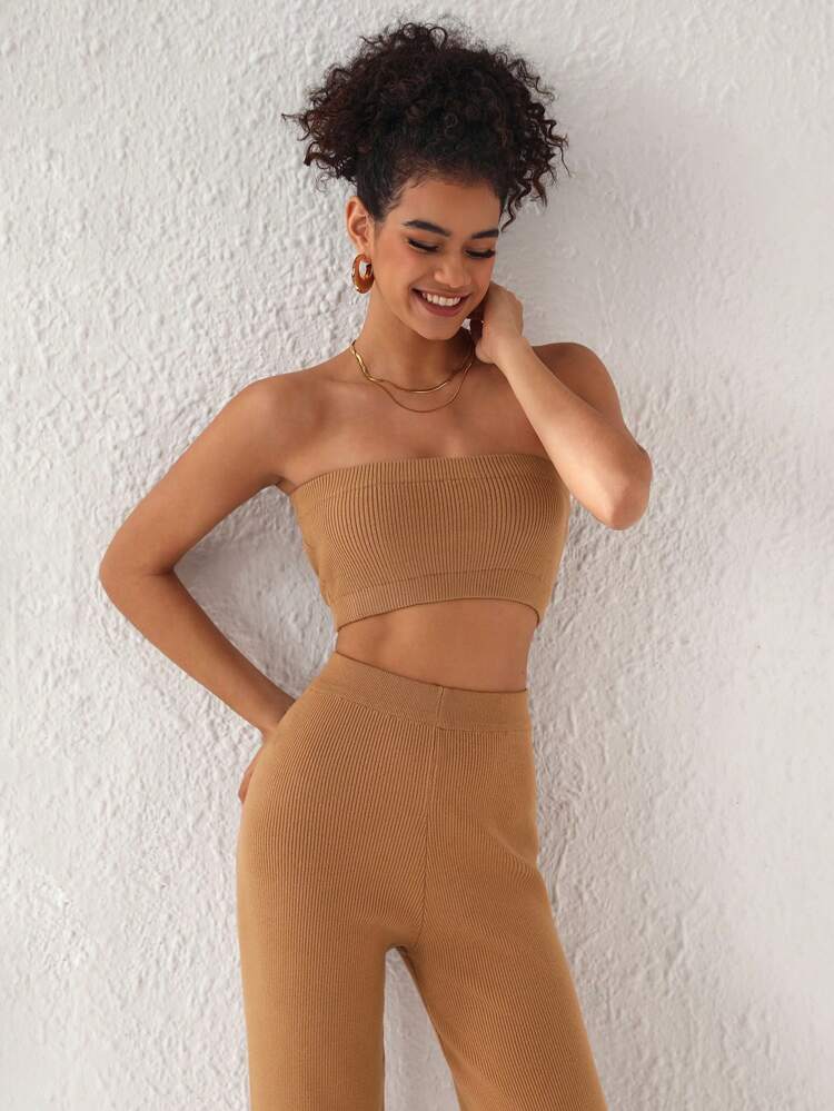 Designer Solid Ribbed Knit Tube Top & Wide Leg Pants, Fall Women Co-Ords, For Autumn, Holiday, Winter, Vacation