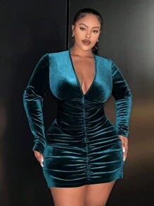 Slaydiva Kích thước lớn Của phụ nữ Cổ chữ V sâu Xếp li Đầm - màu xanh lá - Xem 5