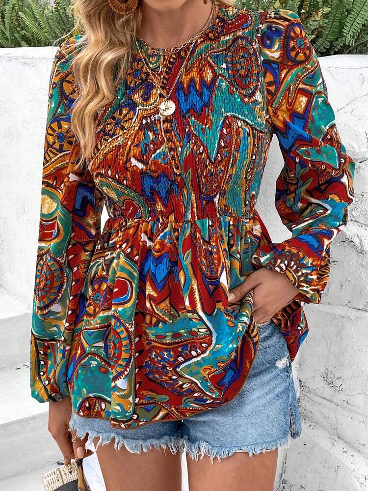 Women'S Printed Shirred Blouse With Ruffle Hemline