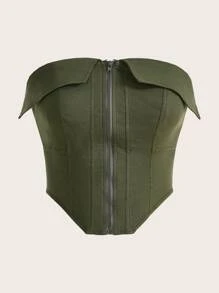 SHEIN EZwear Màu xanh lá Mặt trước Dây kéo Áo Bandeau  Đối với phụ nữ - xanh quân đội - Xem 1