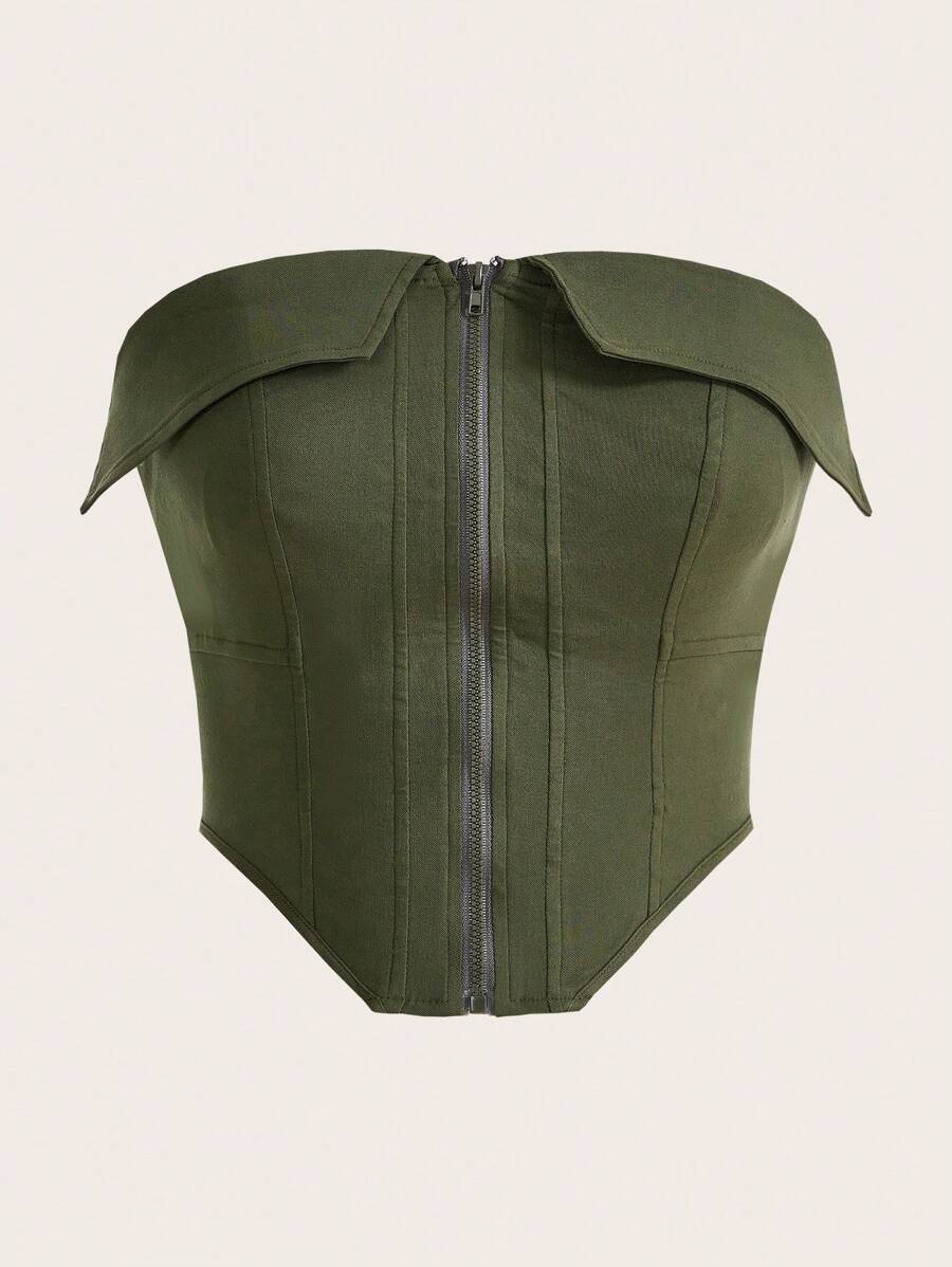 SHEIN EZwear Màu xanh lá Mặt trước Dây kéo Áo Bandeau  Đối với phụ nữ - xanh quân đội - Xem 1