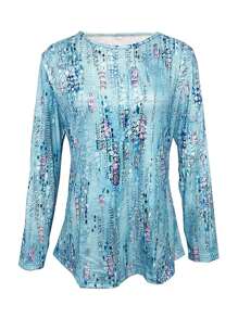 女士几何印花圆领休闲宽松长袖T恤