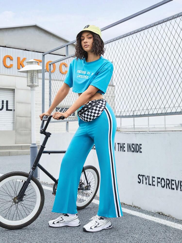 Women'S Letter Print Top And Side Striped Pants Sportswear Set