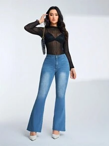 SHEIN Privé 女式修身喇叭牛仔褲 - 中等水洗藍 - 查看 4