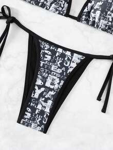 Swim EVENT Ngẫu nhiên In Tie Trước Bộ Bikini Với Bên Buộc Đáy - màu đen - Xem 6
