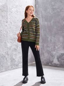 Teen Girls' Geometric Pattern Drop Shoulder Cardigan - Multicolor - View 3