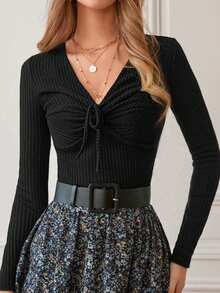 SHEIN Frenchy 束口肋針織 T 恤 - 黑色 - 查看 6