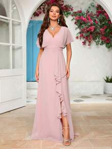 Women's V-Neck Chiffon Bridesmaid Dress With Slit Elegant Dress, Birthday Women Outfits, Graduation Dress, Formal Dress