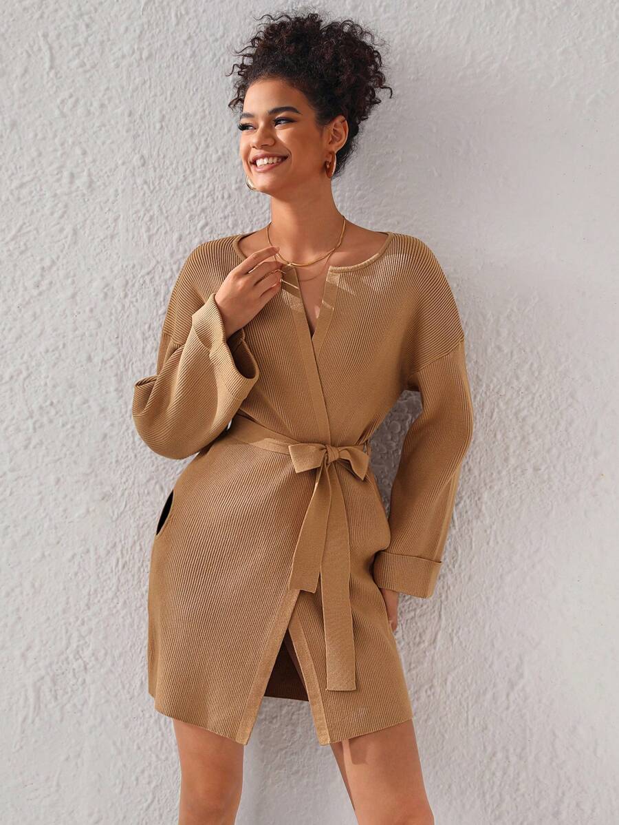 Queen Is The Title Colorblock Round Neck Open Front Drop Shoulder Cardigan - Camel - View 1