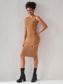 Queen Is The Title Designer Solid Cut-Out Ribbed Knit Elegant Sweater Dress, For Holiday, Party, Birthday Outfits, Festival, Wedding, Prom Dress - Camel - View 3