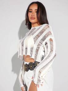 SHEIN SXY 女士落肩做旧短款毛衣，无需内衣，适合生日、情人节、单身派对、乡村音乐会等场合，春季穿着。 - 米色 - 查看 6