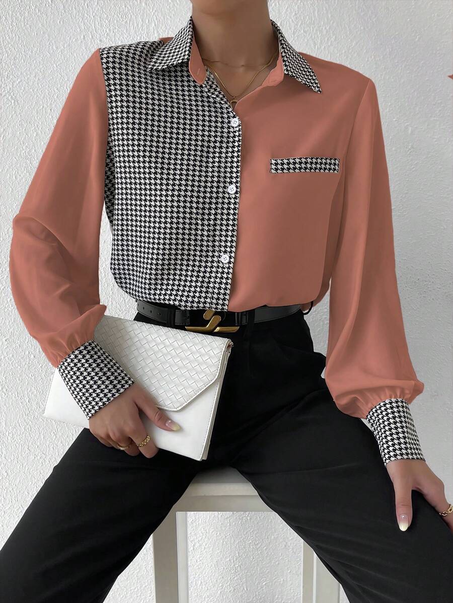 SHEIN Privé 大腳骨圖案釦扣長袖襯衫 - 藕粉色 - 查看 1