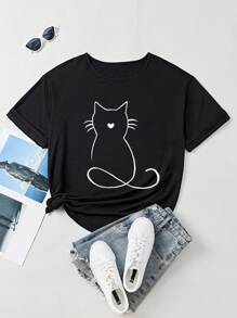 Flirla 女式加大码猫咪印花短袖夏季 T 恤 - 黑色 - 查看 1