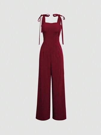 Sweetra Solid Color Tie Shoulder Wide Leg Jumpsuit For New Year Clothes
