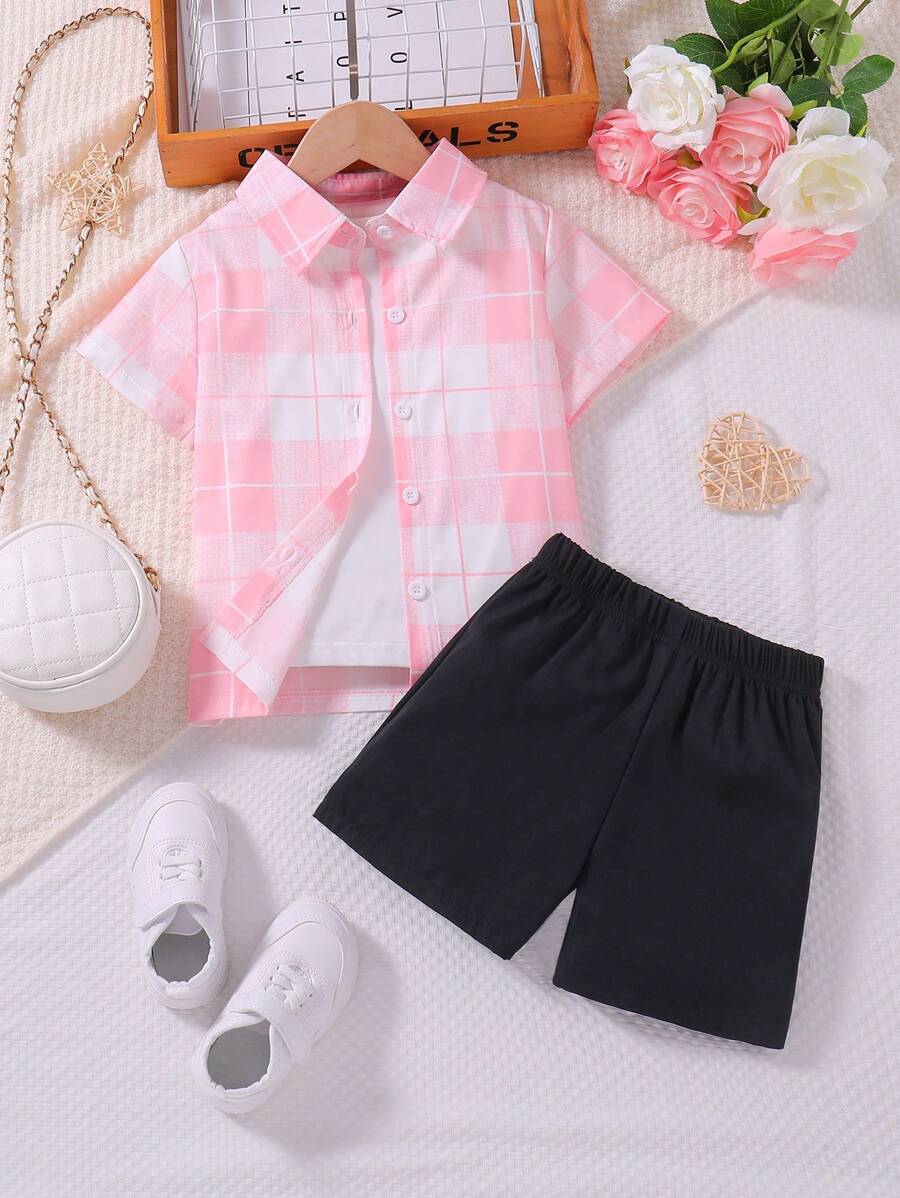 SHEIN Little Girls' Casual Plaid Shirt, White Knit T-Shirt And Shorts 3pcs Set For Spring/Summer - Multicolor - View 1