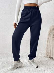 SHEIN PETITE 女式純色彈性腰束口運動褲 - 藏蓝色 - 查看 6