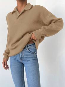 Cloudara Solid Drop Shoulder Sweater - Camel - View 5