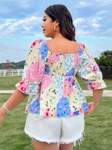 SHEIN SunnyBelle 女裝大尺寸花卉印花方領褶皺上衣 - 彩色 - 查看 2