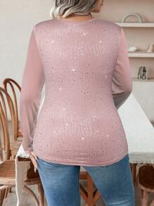 Celure Áo thun tay dài lưới tương phản cỡ lớn có khóa kéo nửa - Màu Hồng baby - Xem 2