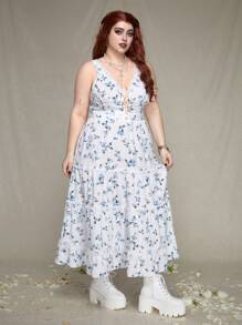 ROMWE PUNK Kích thước lớn Không tay Váy hoa Với Chi tiết ren Và Tie Trước - Nhiều màu - Xem 3