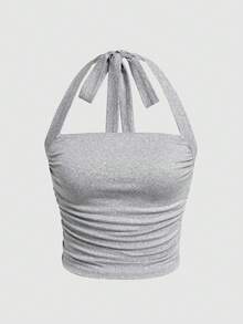 SHEIN EZwear 女款純色無袖褶皺掛脖上衣 - 彩色 - 查看 7