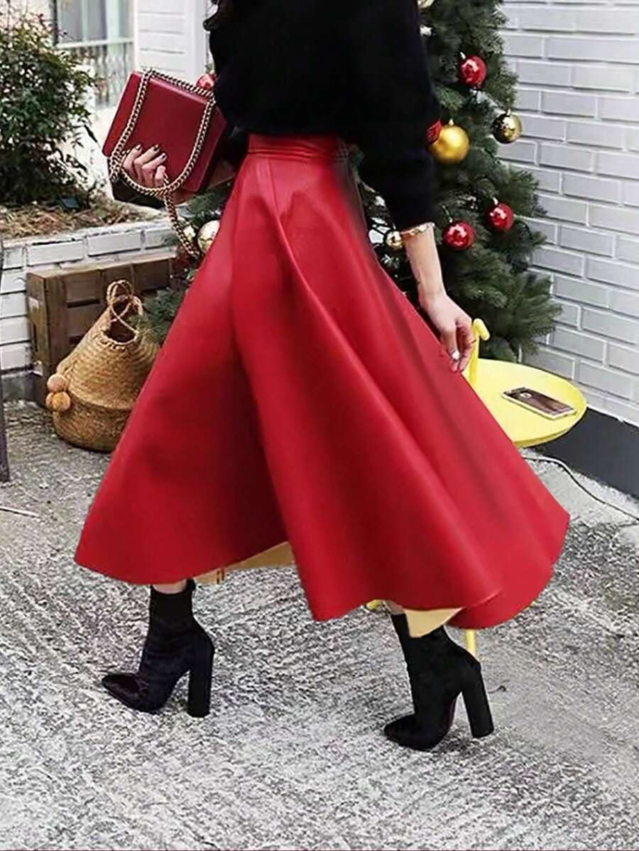女士纯色高腰时尚PU皮A字裙，适合圣诞节穿着 - 紅色 - 查看 1