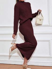 Mulvari Burgundy Red Women's Cable Knit Sweater And Knitted Skirt Two Pieces Set - Burgundy - View 5