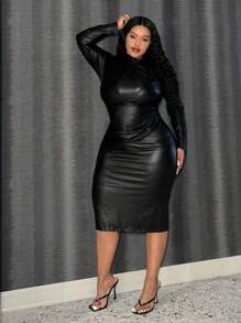 Slaydiva Plus Size Long Sleeve Slim-Fit Pu Leather Dress - Black - View 1