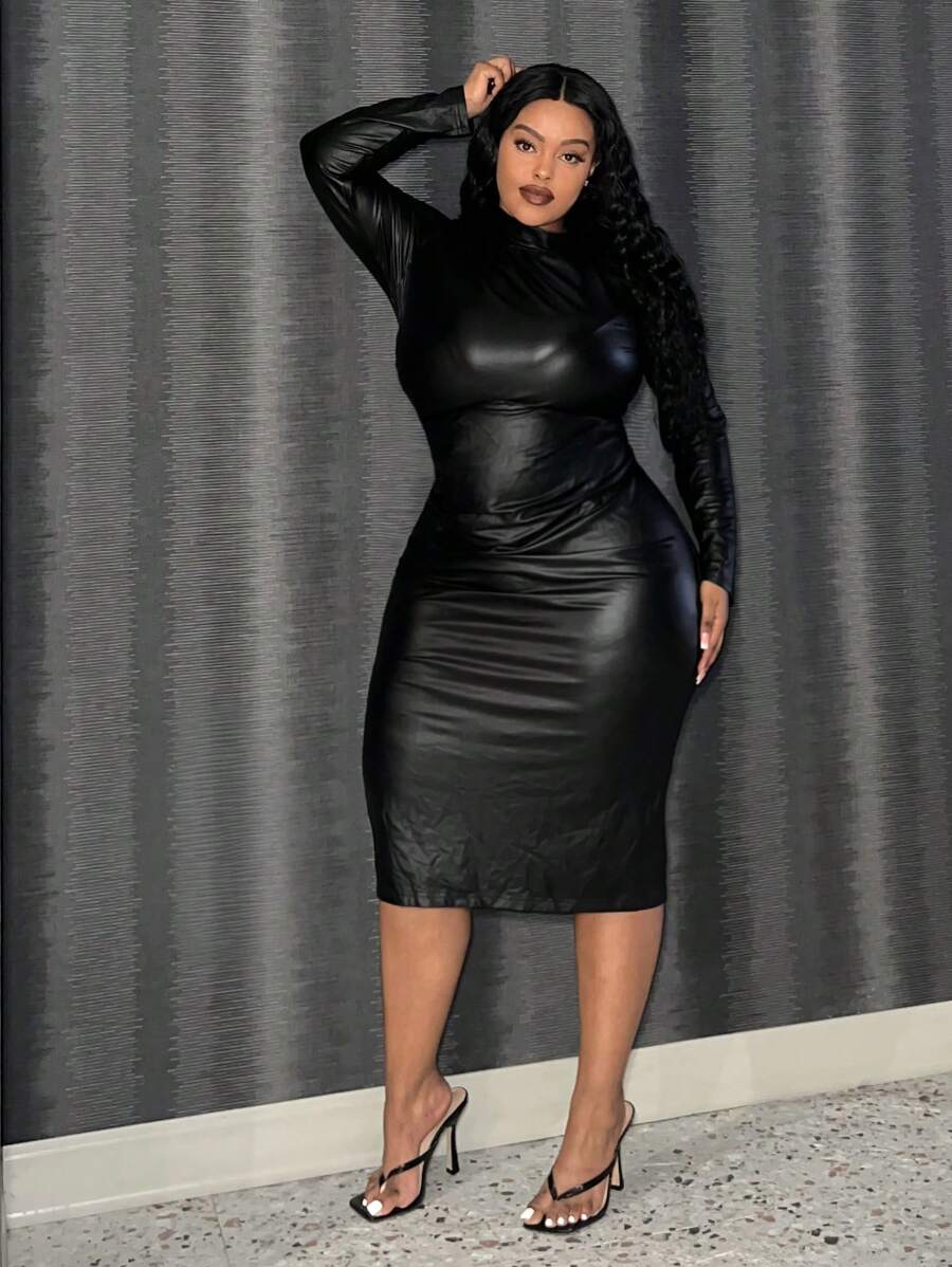 Slaydiva Plus Size Long Sleeve Slim-Fit Pu Leather Dress - Black - View 1