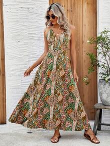 SHEIN LUNE All-Over Printed Backless Spaghetti Strap Dress - Multicolor - View 5