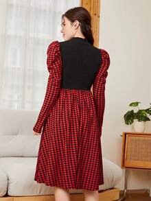 SHEIN 青少女毛線拼接大腳骨圖案立領泡泡袖休閒裙,無腰帶 - 酒紅色 - 查看 2