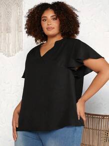 SHEIN CURVE+ Kích thước lớn Đường viền cổ có rãnh Tay áo loe Áo sơ mi - màu đen - Xem 6