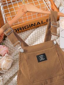 SHEIN 青少年女生用摩托車風格的灰色粗緯紋牛仔背帶裙，具有金屬扣細節 - 棕色 - 查看 3