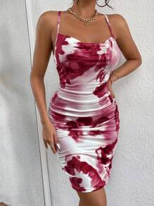 INAWLY Tie Dye Crisscross Tie Backless Ruched Cami Dress