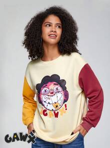 GAWX 卡通圖案落肩袖運動衫 - 杏色 - 查看 1