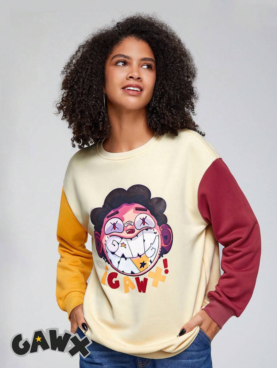 GAWX 卡通圖案落肩袖運動衫 - 杏色 - 查看 1