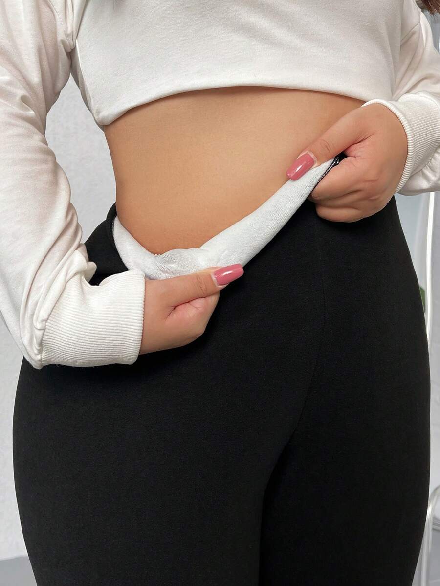 SHEIN EZwear 大码纯色保暖内衬紧身裤 - 黑色 - 查看 1