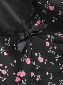 SHEIN MOD 女士网眼撞色泡泡袖花卉衬衫 - 黑色 - 查看 4