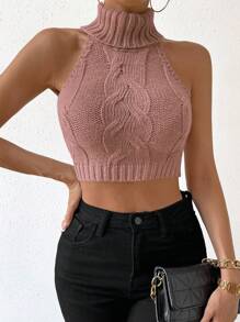 Chiquease Women'S Solid Color High Neck Knitted Sweater - Baby Pink - View 4