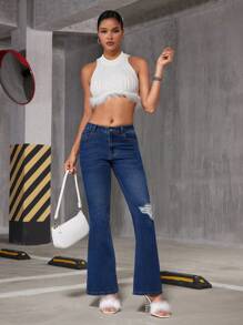 SHEIN Privé Women'S Flared Jeans With Distressed Details - Blue - View 4