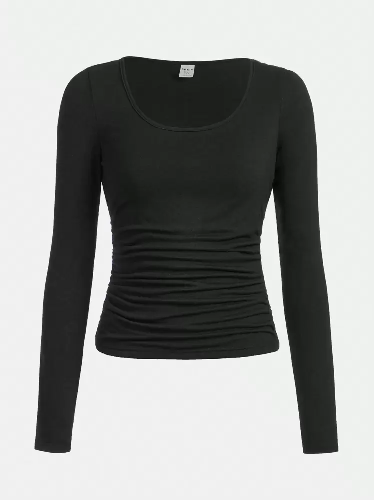 SHEIN Girlism Teen Girls' Solid Color U-Shaped Pleated Long Sleeve T-Shirt - Black - View 1