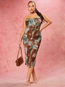 SHEIN BAE 女式大尺碼抹胸縮褶紮染連身裙 - 彩色 - 查看 5