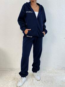SHEIN Unity Women's Letter Print Hooded Zipper Sweatshirt And Pants Two Piece Set - Navy Blue - View 5