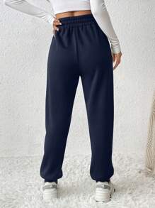 SHEIN PETITE 女式純色彈性腰束口運動褲 - 藏蓝色 - 查看 2