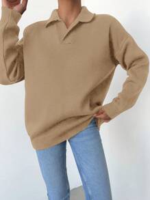 Cloudara Solid Drop Shoulder Sweater - Camel - View 3