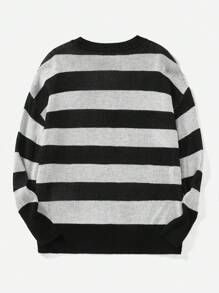 SHEIN EZwear 女款黑白條紋黑色字母圖案圓領針織衫 - 黑與白 - 查看 2